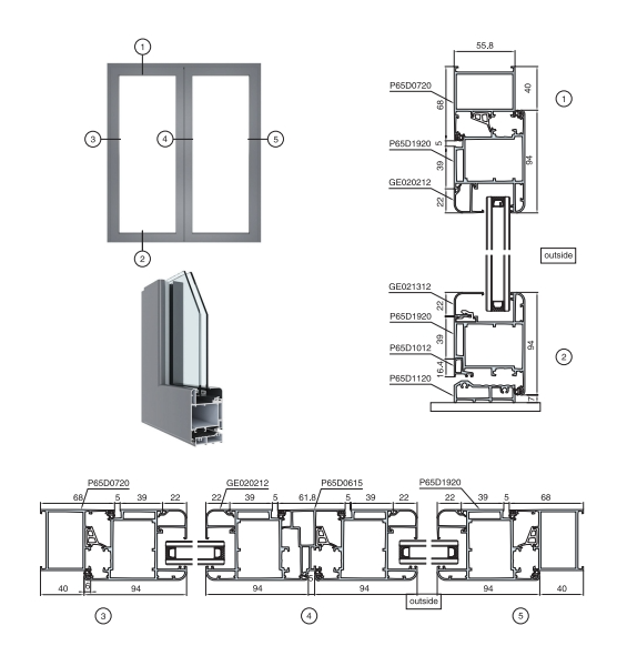 Hệ DP65R cửa đi mở quay ngoài có cầu