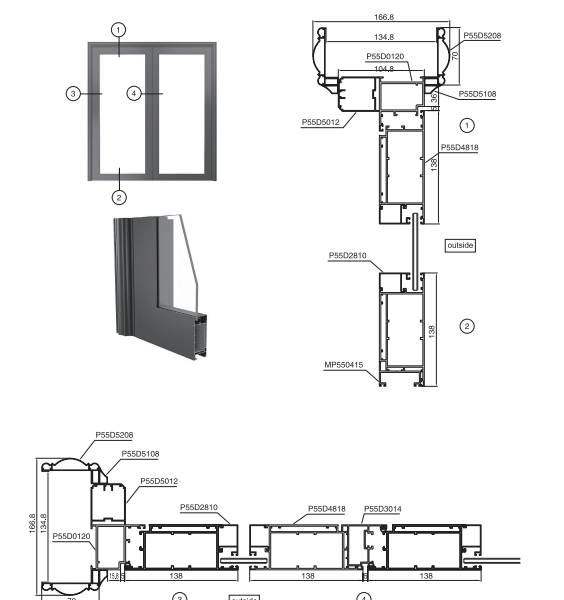 Cửa đi mở quay ngoài bản to hệ P55D