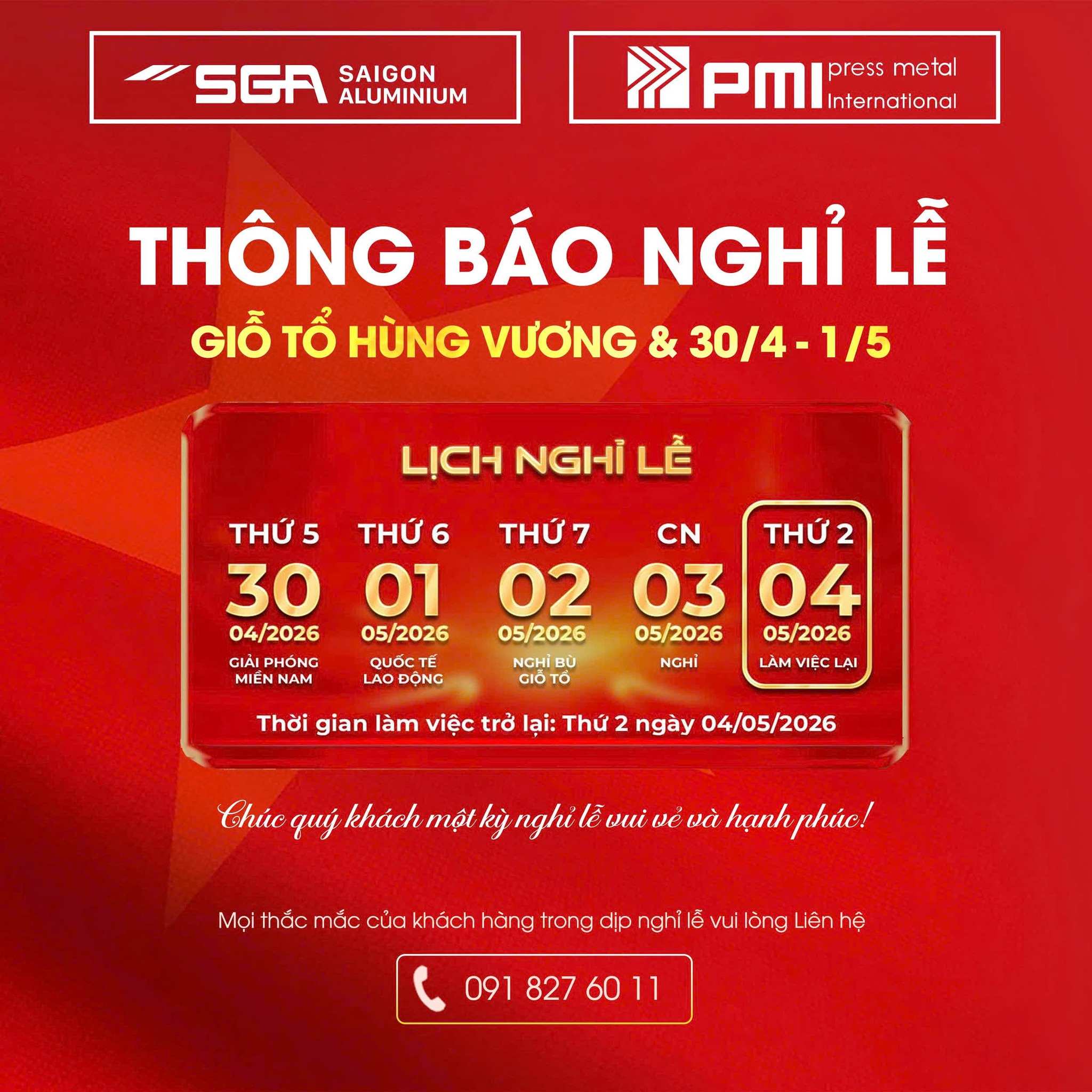 Thông Báo Nghỉ Lễ 30/4 – 1/5 & Giỗ Tổ Hùng Vương 2026 | Sài Gòn Nhôm